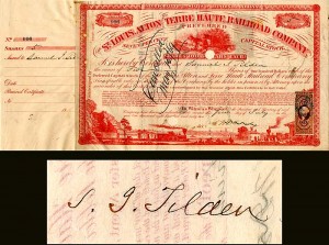 St. Louis, Alton and Terre Haute Railroad issued to and signed by Samuel J. Tilden